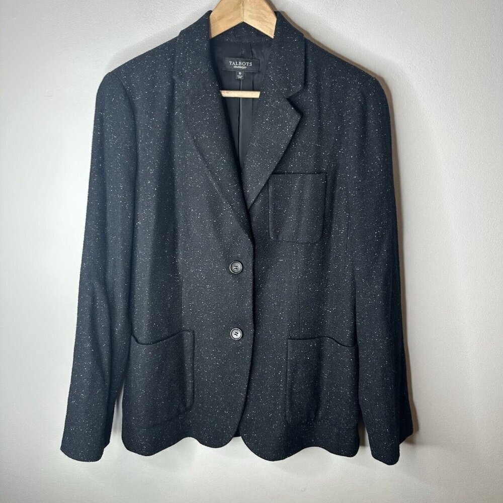 Talbots Blazer Jacket Womens 10 Black Speckled Wool Blend Career Preppy Academia